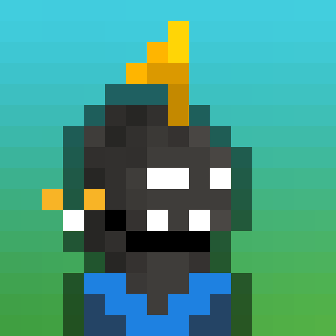 A pixel art character with a dark face, glowing white eyes, and a golden crown-like protrusion on top, wearing a blue shirt.