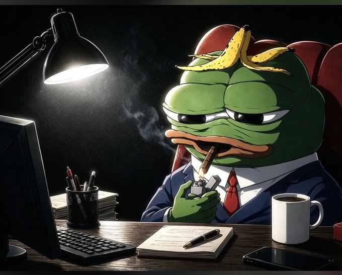 A cartoon Pepe the Frog dressed in a business suit sits at a desk lighting a cigar under a desk lamp, with a banana peel on his head, alongside a computer, coffee mug, and paperwork.