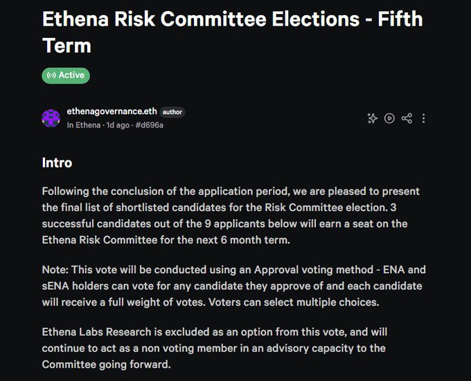 A governance announcement titled 'Ethena Risk Committee Elections - Fifth Term' posted by 'ethenagovernance.eth' detailing an active vote for shortlisted candidates.