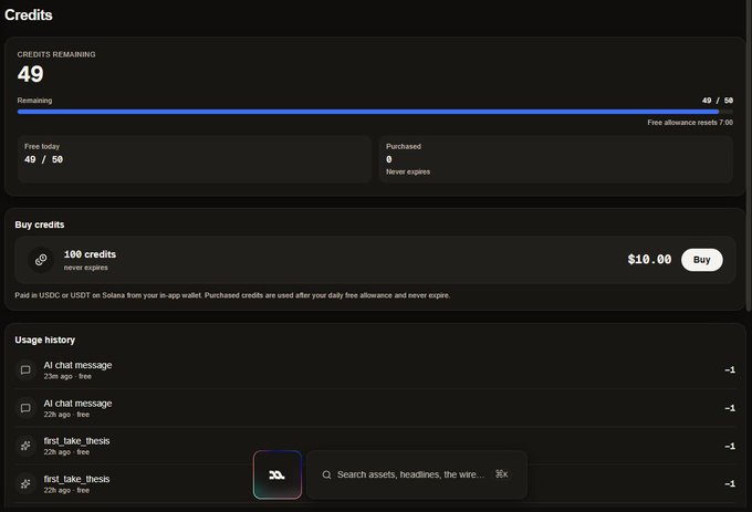 A "Credits" dashboard showing 49 credits remaining out of 50 daily free allowance, with a note that the free allowance resets at 7:00, a 100 credit purchase option for $10.00, and a usage history displaying recent AI chat messages and tool calls. This visually confirms the post's claim about Midas Markets offering 50 free AI credits daily, with 1 credit used per question and the reset time matching the account.