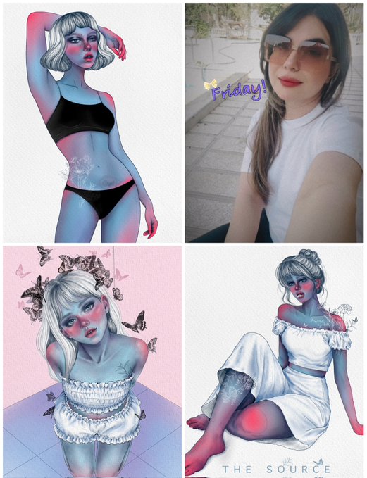 A four-panel image featuring digital artwork of stylized female figures with blonde hair in various outfits alongside a real photo of a woman wearing sunglasses with the word 'Friday!' overlaid.