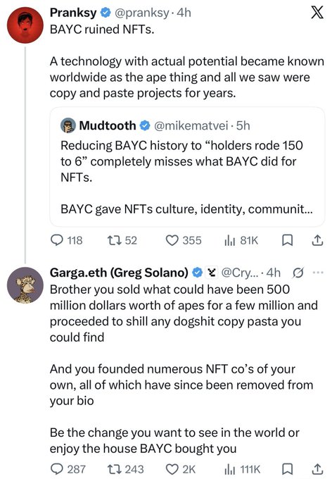 A screenshot of a Twitter/X exchange between verified users @pranksy and @mikematvei discussing BAYC (Bored Ape Yacht Club) NFTs, with @pranksy stating "BAYC ruined NFTs" and responding to criticism about selling apes worth millions.