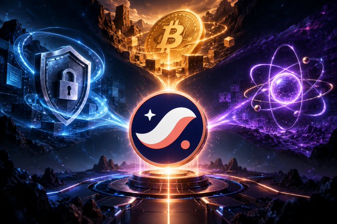A digital artwork depicts a central stylized 'S' logo coin glowing in a futuristic sci-fi landscape, flanked by a blue security shield on the left, a golden Bitcoin above, and a purple atom on the right.