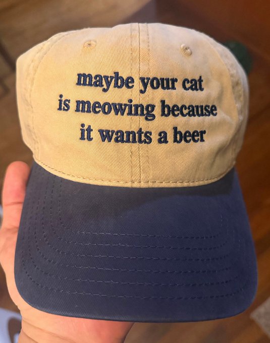 A hand holds up a two-tone tan and navy blue baseball cap embroidered with the humorous phrase 'maybe your cat is meowing because it wants a beer'.