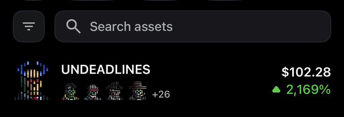A digital asset portfolio interface displays the token "UNDEADLINES" priced at $102.28 with a massive 2,169% gain (▲), alongside "+26" indicating 26 additional holdings. The image illustrates the post's excitement about NFTs cooking off, as the user celebrates their free-minted "undead" NFTs printing massive gains overnight.