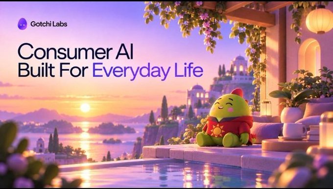 A promotional graphic with 'Gotchi Labs' branding that says 'Consumer AI Built For Everyday Life', showing a green animated character sitting by a pool overlooking a scenic coastal city at sunset.