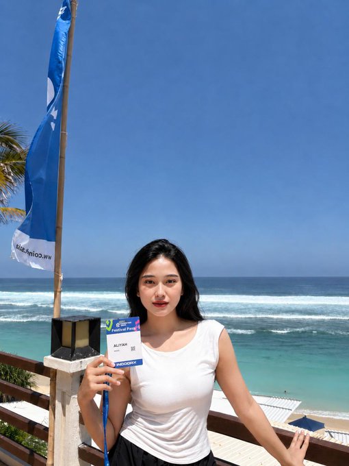 A young woman stands on a sunny balcony overlooking turquoise ocean waves, proudly holding a "Coinfest Asia" festival pass marked "ALITAN." A blue Coinfest Asia flag waves beside her, tying into her excited anticipation for tomorrow's event.