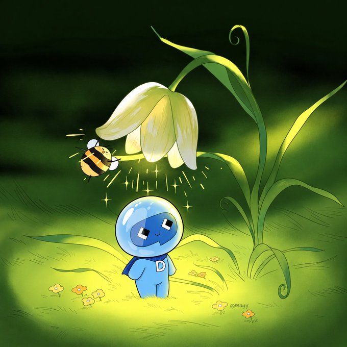 An illustration of a small, round, blue character with the letter 'D' on its chest standing in a grassy area, watching a bumblebee fly near a large, drooping yellow flower.
