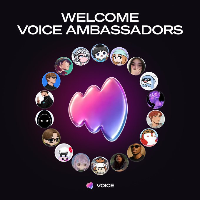 A promotional graphic with the text 'WELCOME VOICE AMBASSADORS' above a circular arrangement of various avatar portraits surrounding a pink and purple gradient blob logo, with the 'VOiCE' logo at the bottom.