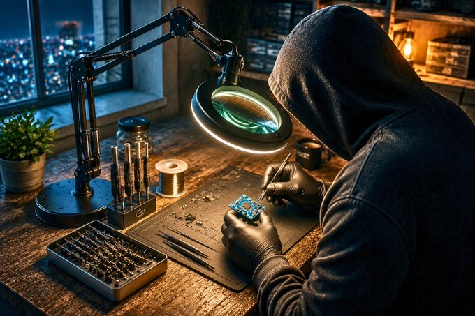 A hooded figure in a dimly lit workshop carefully works on a circuit board with tweezers and a magnifying lamp, surrounded by precision tools and a city skyline visible through the window. The image visually reinforces the post's message about hardware-level attacks, showing an attacker attempting to physically tamper with a device's internals—precisely the threat the Keystone 3 Pro is designed to defend against.