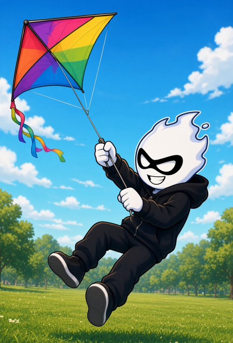 An illustration of a cartoon character with a flame-like white head and black mask, dressed in black, joyfully flying a rainbow-colored kite over a green field under a blue sky.