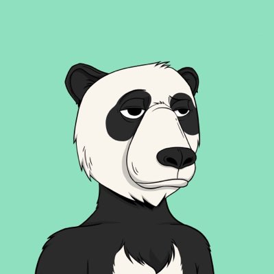 A cartoon illustration of a black and white panda-like character with a tired or unimpressed expression set against a mint green background.