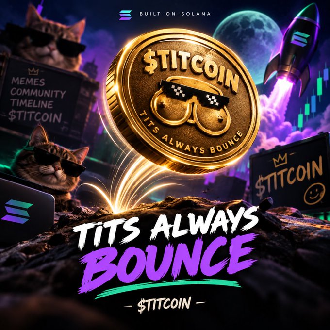 A meme cryptocurrency promotion for '$TITCOIN' featuring cats in sunglasses, a gold coin with pixelated sunglasses, a rocket, and the slogan 'TITS ALWAYS BOUNCE - $TITCOIN -' with 'BUILT ON SOLANA' text at the top.