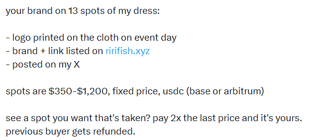A tweet by @riifish.xyz offering 13 sponsorship spots on her dress for $350–$1,200 USD (Base or Arbitrum), with each spot featuring a logo printed on the cloth, a brand listing on riifish.xyz, and a post on X—plus a unique buyout rule where paying 2x the last price claims a taken spot and refunds the prior buyer.