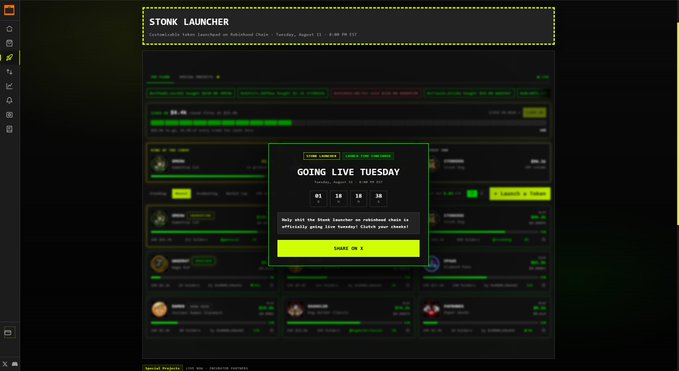 The screenshot shows the "STONK LAUNCHER" platform with a countdown timer reading "GOING LIVE TUESDAY 01:19:18:30" and a message stating "Only Not the Stonk launcher on Mainland chain is officially going live Tuesday! Claim your claims!" This visual ties directly to the post's emphasis on the upcoming Launchpad launch as a critical test for the $STONKBROKER ecosystem, highlighting the imminent Tuesday launch as the pivotal moment that will determine whether the NFT, token, and ecosystem can collectively generate sustained fees and revenue.