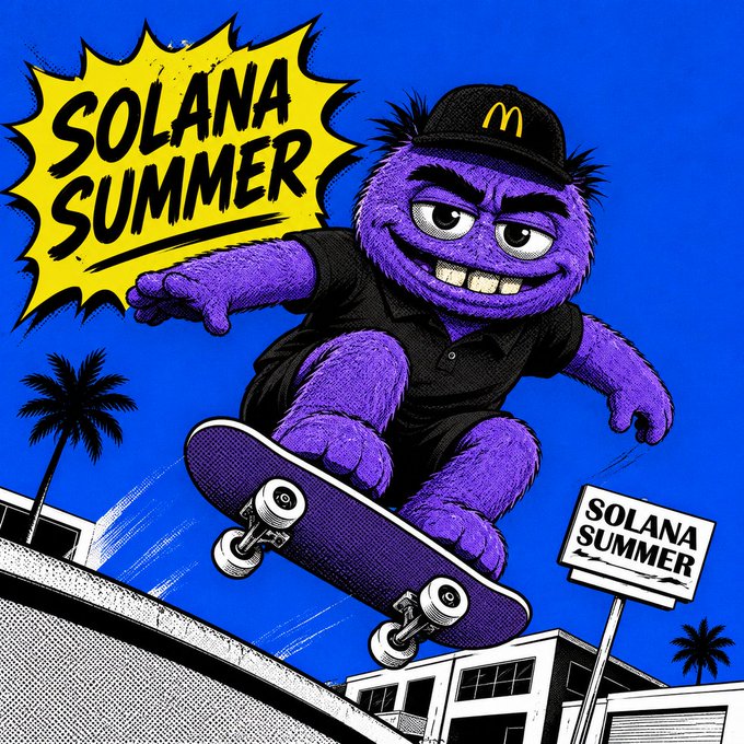 A vibrant illustration of a purple furry monster character skateboarding, wearing a black cap with a McDonald's logo and a black shirt, with "SOLANA SUMMER" displayed in yellow comic-style speech bubble and on a sign.