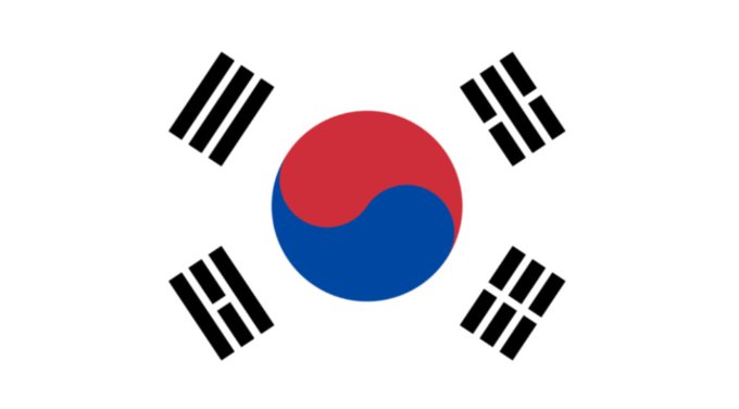The image displays the flag of South Korea, featuring the red and blue taegeuk symbol at its center surrounded by four black trigrams, representing the country whose Ministry of Economy and Finance is drafting new legislation to regulate state-owned assets, including cryptocurrencies.