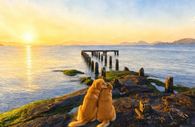 A composite image showing a golden retriever dog superimposed onto a scenic sunset landscape with a wooden pier and water.