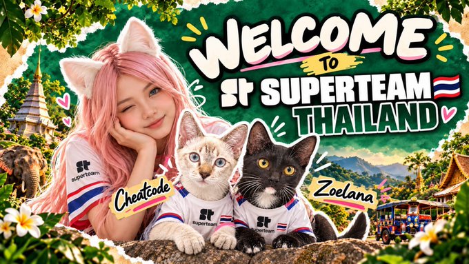 A colorful 'Welcome to St Superteam Thailand' promotional graphic featuring a pink-haired woman with cat ears named Chestcode posing with two cats named Zoelana, alongside Thai landmarks, an elephant, and a tuk-tuk.