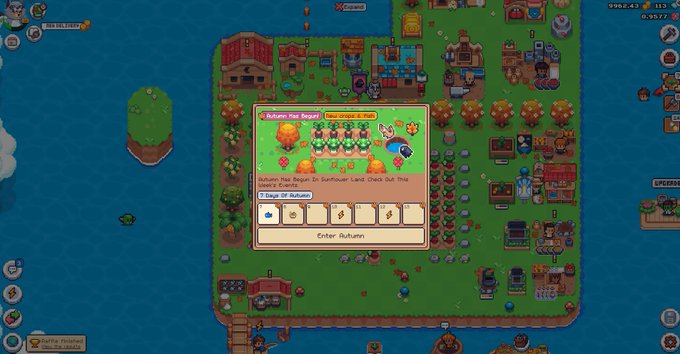 A screenshot from a 2D simulation game (MiniMax) displaying a pop-up window titled 'Autumn Has Begun!' with event details about a 'Sunflower Land Chaos' and options to use 'Autumn IX' autotokens.