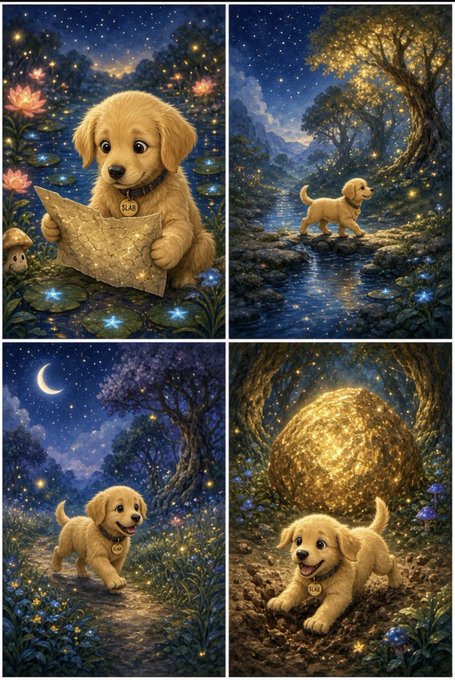 A four-panel illustration showing a golden puppy in various magical nighttime scenes: reading a map by a lotus pond, crossing a stream under a glowing tree, walking under a crescent moon, and discovering a glowing treasure in a forest.