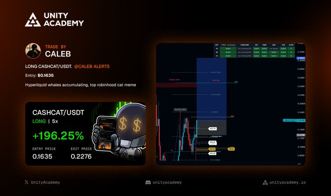 A trade alert from 'UNITY ACADEMY' by 'CALEB' for the CASHCAT/USDT trading pair on Hyperliquid, showing a LONG 5x position with a +196.25% gain, an entry price of 0.1635, an exit price of 0.2276, and an accompanying candlestick chart analysis.