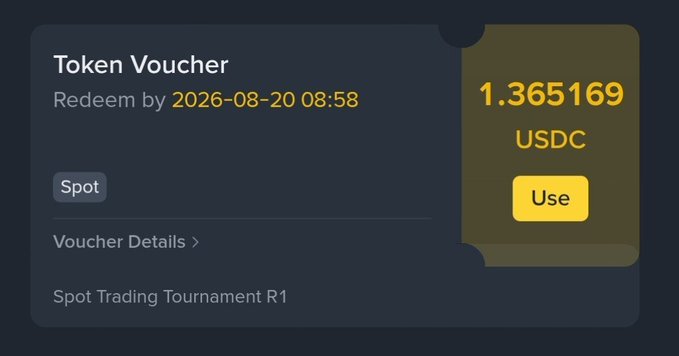 A Token Voucher screenshot showing 1.365169 USDC for Spot Trading Tournament R1, redeemable by 2026-08-20 08:58, with a yellow 'Use' button.