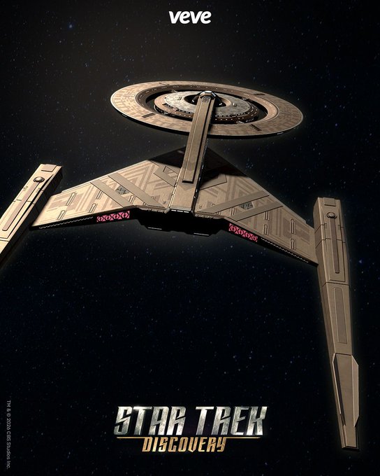 A promotional image of a Star Trek Discovery spaceship (appears to be from the Klingon fleet) on a VeVe NFT platform against a starry space background.