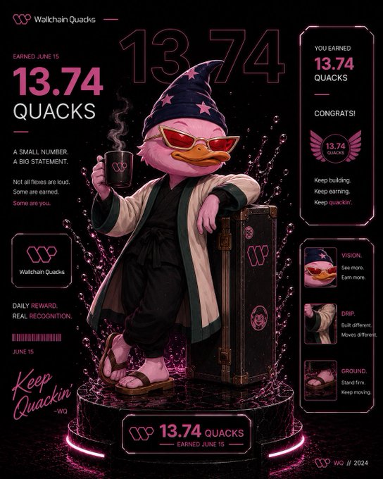 The image shows a pink duck character with sunglasses sitting on top of some luggage, possibly holding a coffee cup. The scene appears to be a part of an infographic or poster. The main content of the image is focused on the post about Walchchain Quacks and the date they locked in 13.74 Quacks for June 15th. The title of the post is "@wallchain" as well, indicating that it's posted on social media.