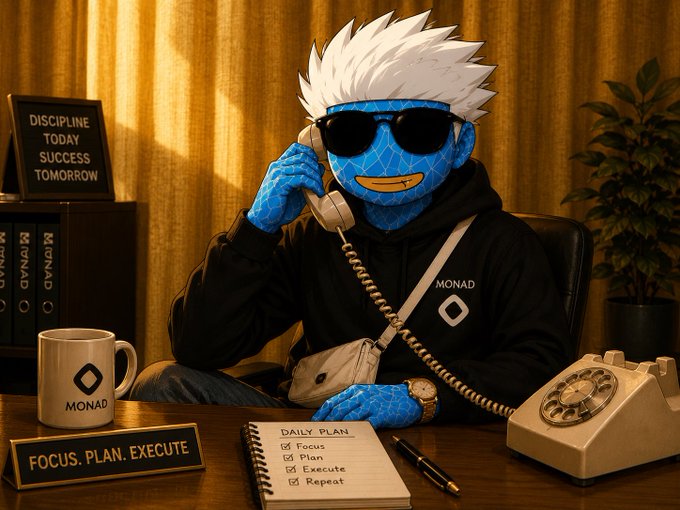 An AI-generated image shows a blue-skinned character with white hair and sunglasses wearing a 'MONAD' hoodie, sitting at a desk while talking on a vintage rotary phone, with a 'FOCUS. PLAN. EXECUTE.' sign and a 'DAILY PLAN' notepad nearby.