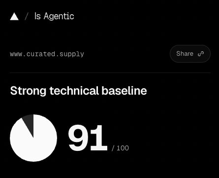 Dark UI screenshot showing 'Is Agentic' from www.curated.supply with a 'Strong technical baseline' score of 91/100.