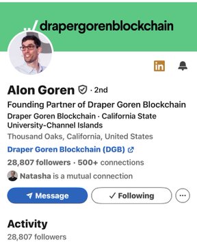 LinkedIn profile screenshot of Alon Goren, Founding Partner of Draper Goren Blockchain, based in California, with 28,807 followers.
