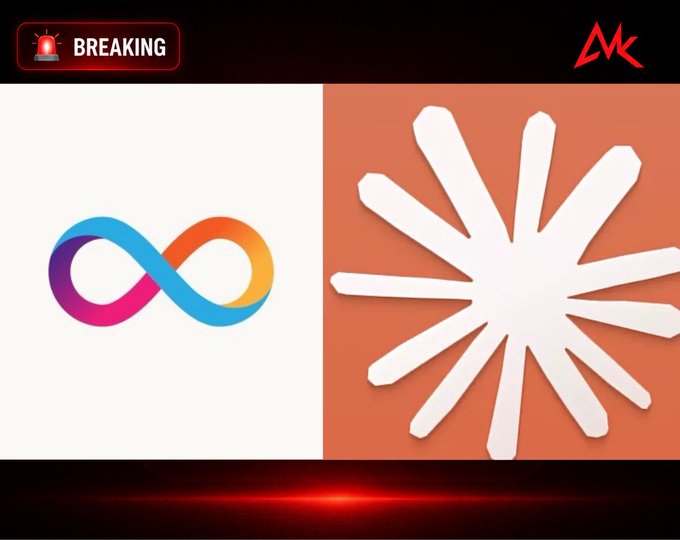 A breaking news graphic featuring the Meta (infinity) logo alongside a white starburst design on an orange background relates to a demonstration showing Anthropic's Claude AI powering gameplay through Internet Computer's Model Context Protocol (MCP).