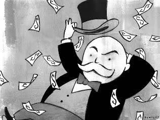 A Monopoly Man-style character joyfully tips his top hat as dollar bills rain down around him, illustrating the poster's brag about minting and trading the Standard Reserve (standard_rsv) token for a 110% profit.