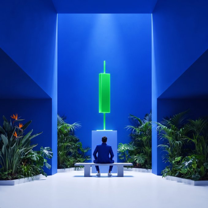 A person in a blue suit sits on a bench, gazing at a glowing green geometric sculpture in a vivid blue, plant-filled gallery. The image's "front row to the green" reflects the viewer's contemplation of the green-lit centerpiece, while the "GM" likely nods to good morning—setting a serene, meditative tone for the day.