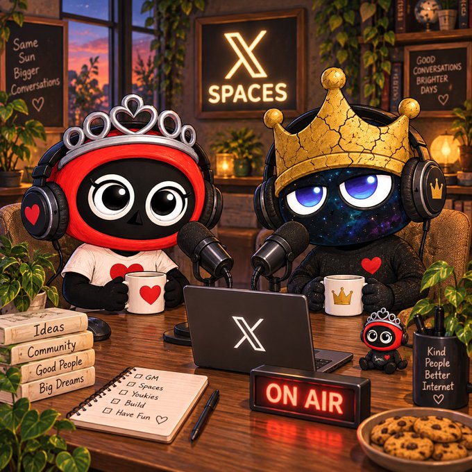 Stylized illustration of two cartoon characters wearing headsets at a podcast desk labeled 'X SPACES,' with an 'ON AIR' sign, books titled 'Ideas,' 'Community,' and 'Good People Big Dreams,' and a notebook checklist including 'GM,' 'Spaces,' 'Youkies,' 'Build,' and 'Have Fun.'
