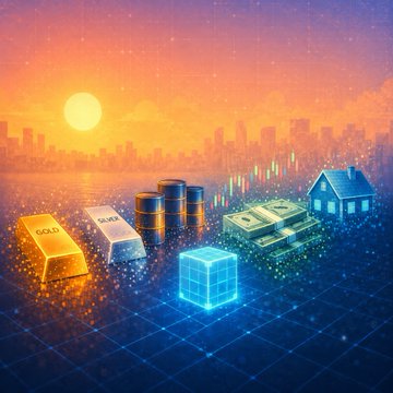 A vibrant digital illustration depicting financial assets including gold bars, oil barrels, currency, a house, and a glowing blue cube set against a sunset city skyline.