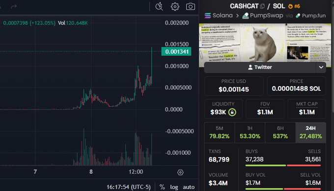 A cryptocurrency trading chart for CASHCAT/SOL showing a 123.05% price increase to 0.001341, with a $1.1M market cap and PumpSwap via Solana.