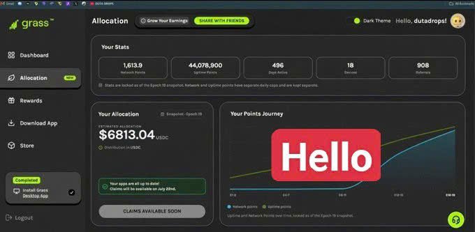 A screenshot of the Grass platform dashboard showing network points of 1,613.9, uptime points of 44,078,900, a UDC balance of $6813.04, and a 'Hello' overlay.
