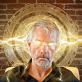 The image features a man with white hair, wearing a black shirt, sitting against a brick wall. He has a serious expression on his face as he looks directly at the camera. The background of the image includes a circular pattern that appears to be made up of lightning bolts and a wooden circle. There is also text in the image that reads "You do not sell your bitcoin".