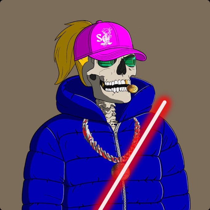 A stylized illustration of a skeleton wearing a blue puffer jacket, a pink cap, and a gold chain, with a red lightsaber and a cigar in its mouth.