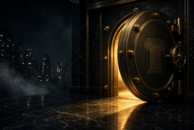 A partially open ornate bank vault door revealing golden light inside, set against a dark marble background with a city skyline visible in the distance.