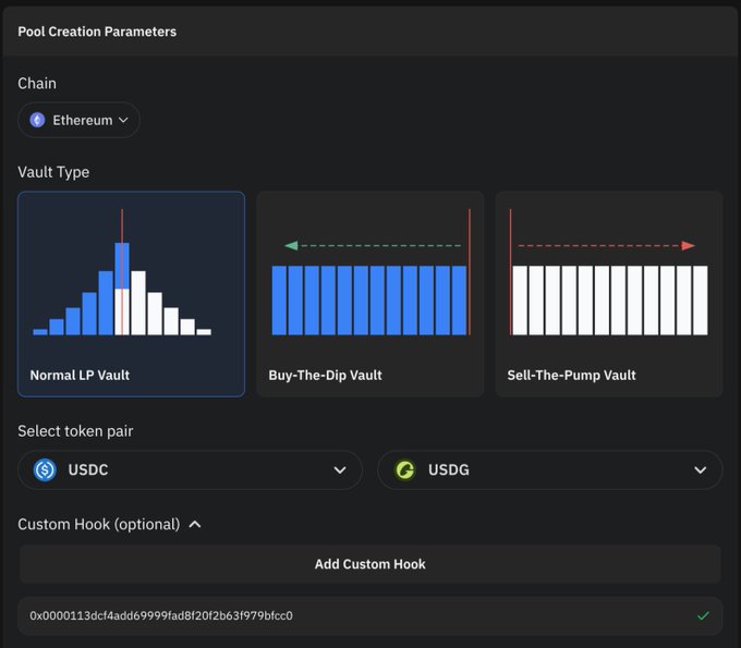 Screenshot of a "Pool Creation Parameters" interface for Ethereum, showing vault type options (Normal LP Vault, Buy-The-Dip Vault, Sell-The-Pump Vault) with USDC and USDG selected.