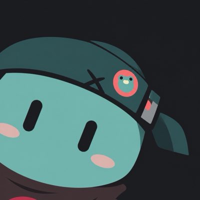 A cartoon illustration of a teal-skinned character wearing a dark teal bandana with an "X" mark and a small red/pink badge, set against a black background.