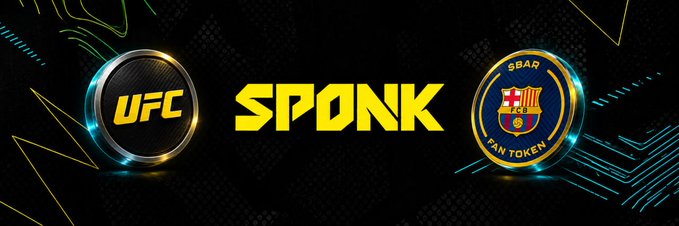 The image displays promotional graphics featuring the "UFC" logo and the "BAR Fan Token" Barcelona crest, with the word "SPONK" displayed prominently in yellow between them. This visually represents the announcement that both UFC and Barcelona fan tokens are launching on the SPONK platform, where they will be made routable for community-driven coin creation and trading.