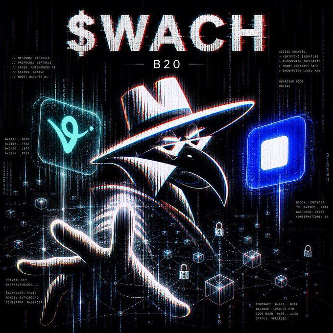 A cyberpunk/glitch-style promotional graphic for '$WACH B20' featuring a stylized character with a cowboy hat, digital code text, and blockchain-related data including block info, TX hashes, and a smart contract safe.