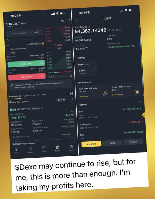 A mobile app screenshot showing a DEXE/USDT perpetual chart and portfolio with a 54,382.14 USD balance, captioned: '$Dexe may continue to rise, but for me, this is more than enough. I'm taking my profits here.'