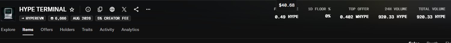 A screenshot from a platform showing 'HYPE TERMINAL' with details like 'HYPEREVM', '6,666', 'AUG 2026', '5% CREATOR FEE', a price of '$40.68', and volume metrics in HYPE.