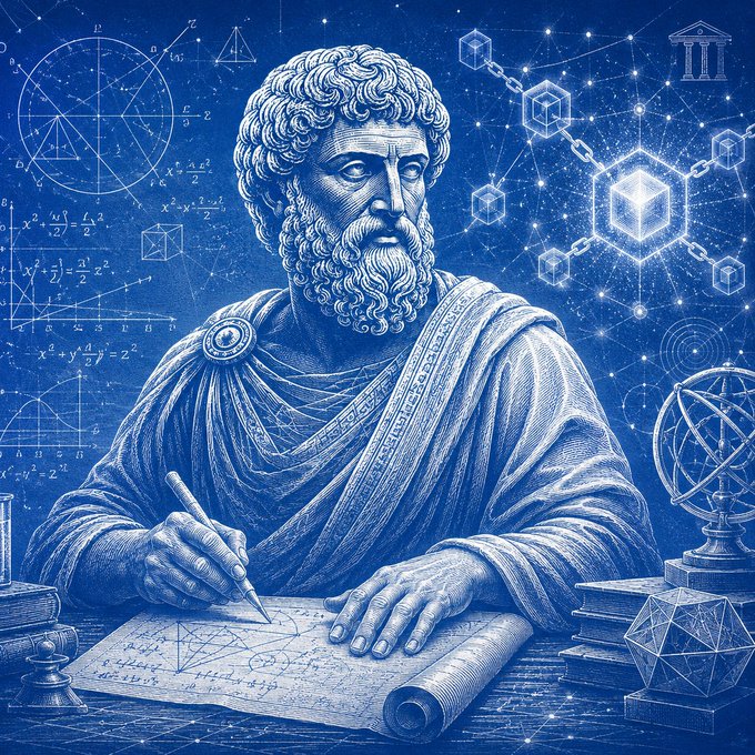 A blue-toned illustration of a bearded philosopher in classical robes writing mathematical equations on parchment, surrounded by geometric shapes, a celestial sphere, and a starry cosmic background.