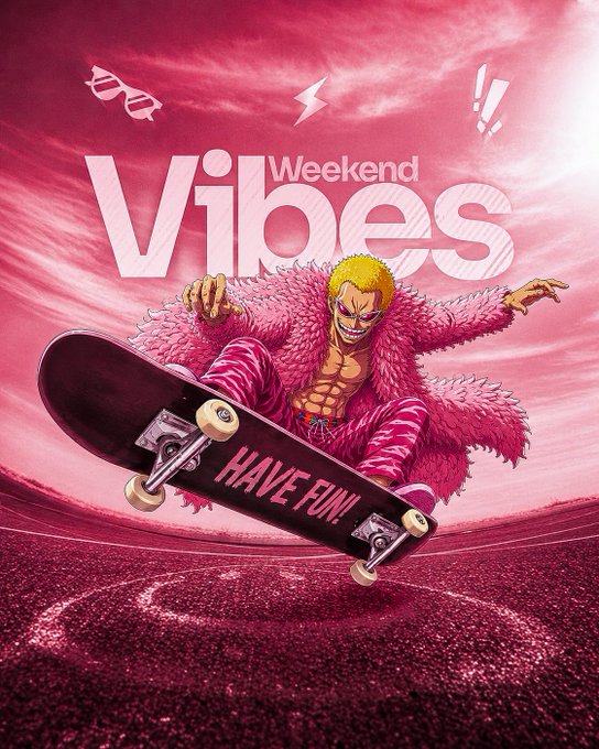 An anime character with yellow hair in a pink fur coat rides a skateboard that says 'HAVE FUN!' with 'Weekend Vibes' displayed prominently.